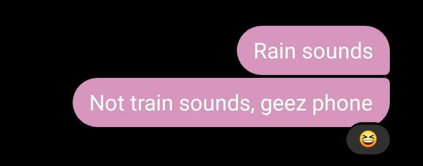 [Image description:
Two messages sent by Emma. The first says 'Rain sounds'. The second says 'Not train sounds, geez phone'. There is a laugh react against it. End description.]
